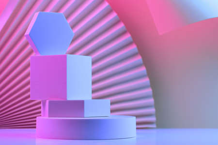 Pyramid of geometric shapes on the podium, illuminated by neon, background of fan and paper with a turned-around angle. Concept.の写真素材