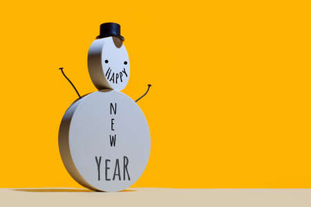 New Years concept, a snowman of round white podiums and a hat cylinder on a bright yellow background.の写真素材
