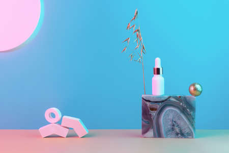 Oil restoring serum with gold, anti-ageing facial care, still life with marble, sun, wheat and geometric shapes, the concept of beautyの写真素材