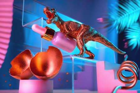 Monumental composition with dinosaur, egg, cosmetic oil for the face with catwalks, stairs, palm...