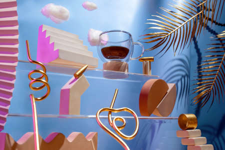 Futuristic composition on the theme of coffee, various figures, bullets, clouds on the stairs on a...