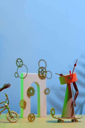 Composition of gears, figures, arches, legs and hands, bicycle and skateboard, concept about lack of...