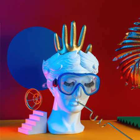 Abstract multicolored composition with head sculpture, stairs, glove, visual concept.の写真素材
