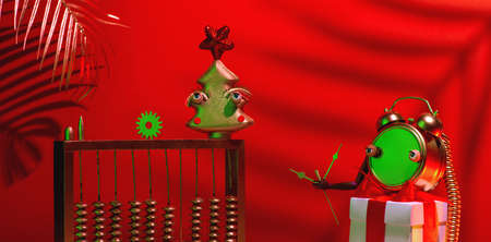 Red abstract christmas and new year composition with tree, clock, gift and telephone.の写真素材
