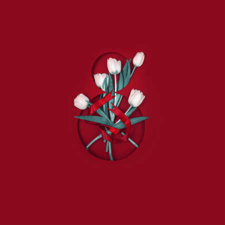 Postcard for The Eighth of March. Five white tulips in number eight. Tied with a ribbon on a red backgroundの写真素材