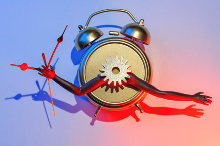 Surreal and futuristic alarm clock with hands, gear and arrows, new year holiday concept, coffee...