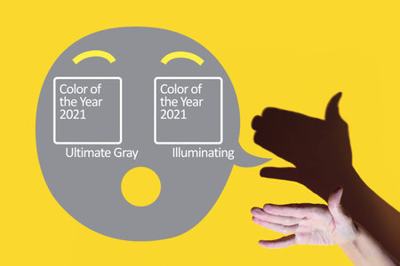 shadow theater. hand shows dog with open a mouth. She's talking on a yellow background.の写真素材