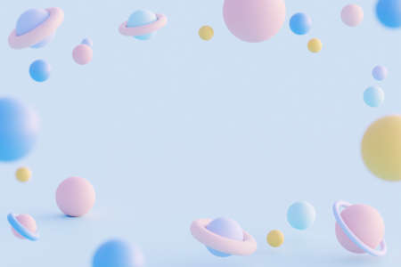3 d Cosmic galaxy with different planets, futuristic concept on a blue backgroundの写真素材