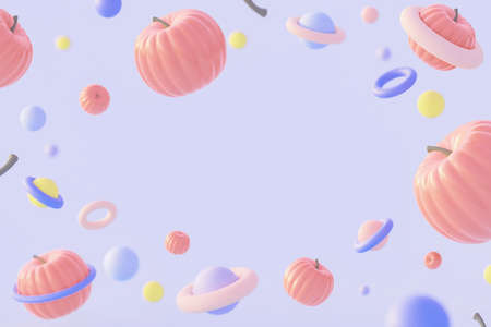 Flying Pumpkins and Planets in Space, Futuristic Concept on the Theme of Helloween, 3D Illustration,...