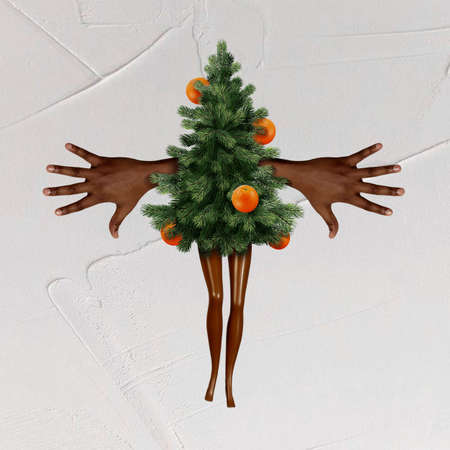 Cute Christmas and New Year card collage, Festive decoration for advertising, banners, designs. Christmas tree, tangerine, gift symbols of winter holidays.の写真素材