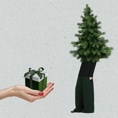 Cute Christmas and New Year card collage, Festive decoration for advertising, banners, designs. Christmas tree, tangerine, gift symbols of winter holidays.の写真素材