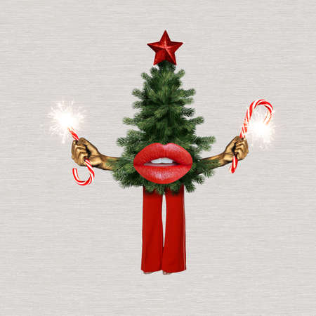 Cute Christmas and New Year card collage, Festive decoration for advertising, banners, designs. Christmas tree, star, gift symbols of winter holidays.の写真素材