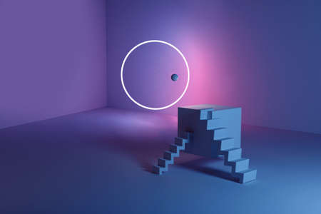 Abstract corner composition with podium and staircase, neon light, circle and ball, 3D illustration...