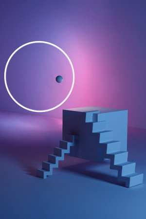 Abstract corner composition with podium and staircase, neon light, circle and ball, 3D illustration with geometric shapes on a blue background.の写真素材