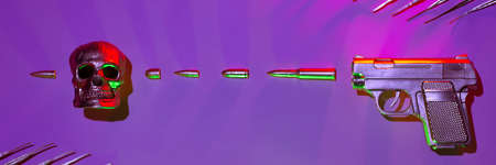A golden pistol fires a burst of ammunition and bullets into the skull as a symbol of war and murder...