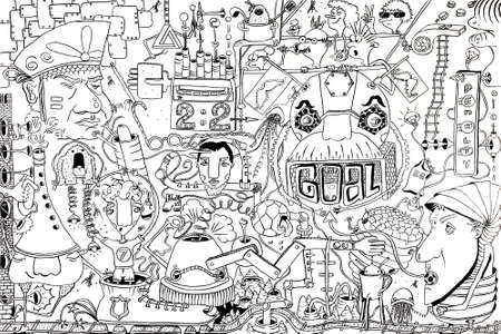 Comic illustration drawn in ink and pen on the theme of a football match with fans, ball and goal, concept on the theme of sports, coloring book.の写真素材