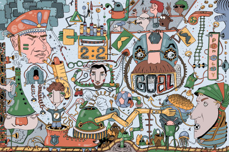 Comic illustration drawn in ink and pen on the theme of a football match with fans, ball and goal, concept on the theme of sports, coloring book.の写真素材