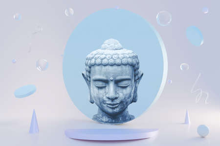 Buddah 3D neon glass geometric shapes hover in the corner of the room, Zen Yoga 3d illustration.