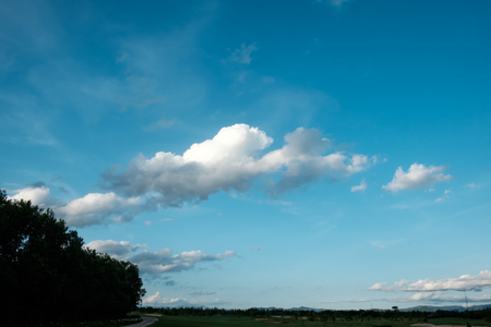 white cloud on blue sky over landの写真素材