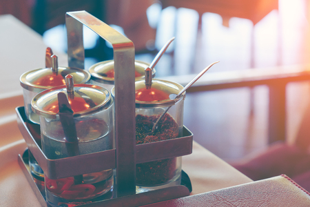 Various spices or Seasoning in small glass bottle.の写真素材