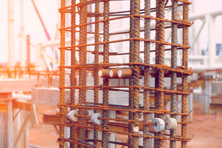 Steel re-bar reinforcement of column construction ,close up