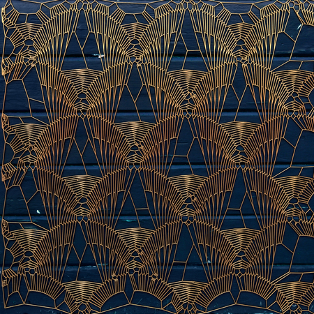 Abstract voronoi gold pattern on painted blue wood background. 3d renderingの写真素材