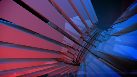 Abstract reflective shiny plastic three-dimensional shape. Illuminated red and blue light 3d renderingの写真素材