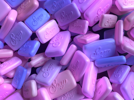 Random size pieces of pink and purple soap 3d renderingの写真素材