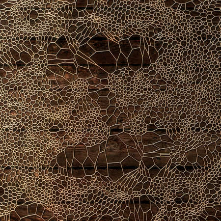 Abstract voronoi gold pattern on wood background. 3d rendering