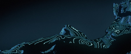 3d rendered illustration of reflective abstract woman figure with glowing light lines on dark backgroundの写真素材