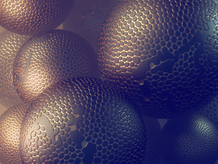Abstract futuristic spheres with voronoi pattern gold areas. Shapes surrounded by yellow mist. 3d...