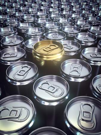 Abstract computer generated metal colored can pattern with a golden jar in the center 3d rendering