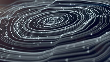 Hypnotic wavy white rings with small beads on a dark background. Magic concept. 3d renderingの写真素材