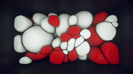3D rendering of white and red floating spheres. Abstract composition. Group of spheres levitate in...