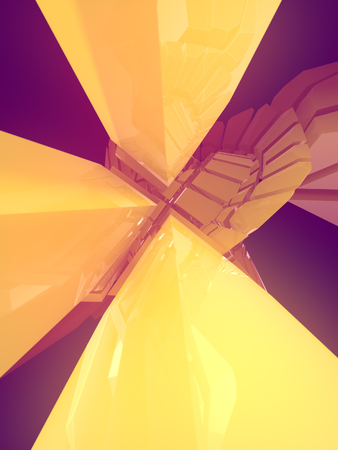 Colored pattern of futuristic geometric shapes surrounded by light mist. Computer generated geometric illustration. Fantastic architectural background. 3d renderingの写真素材