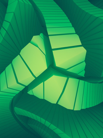 Colored pattern of futuristic geometric shapes surrounded by light green mist. Computer generated geometric illustration. Fantastic architectural background. 3d renderingの写真素材
