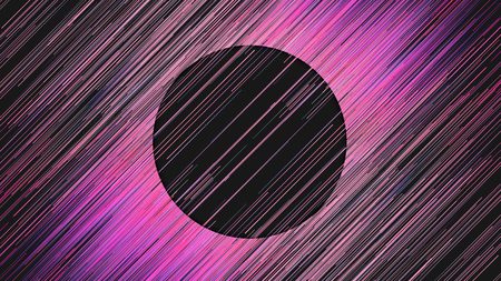 Diagonal digital abstract pink colored lines. Composition with a black circle in the center. Computer generated geometric pattern. 3d rendering backgroundの写真素材