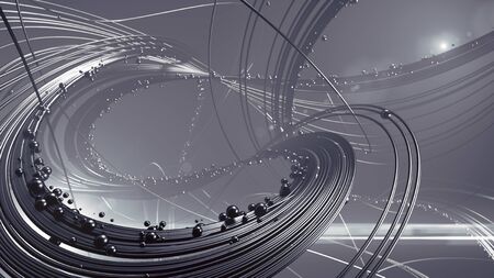 Abstract silver jewelry with shiny shapes beads surrounded by light mist. 3d rendering
