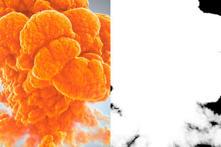 Close up great cloud of orange chemical toxic smoke with alpha channel matte. 3d rendering digital...