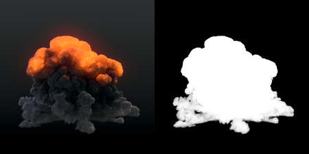 Real giant fire explosions with alpha channel matte. Dark smoke trails isolated on dark background....