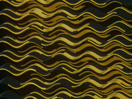 Gold glitter lines on dark plastic surface. Luxury background. 3d rendering design element. Abstract wave bend cover for wallpaper design. Colorful bright. Metallic textureの写真素材