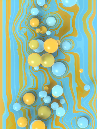 Group of yellow and blue spherical shapes on a striped background. Modern 3d rendering digital...