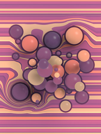Modern design template with composition of a group of stroked balls on a striped distorted surface....
