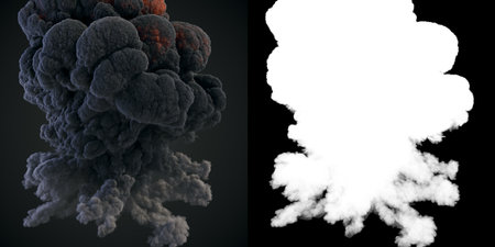 Close up hot explosion with smoke trails on dark background. 3d rendering digital illustration with alpha channel matte to compose. Glow effectの写真素材