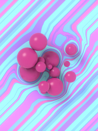 Modern 3d rendering digital illustration a group of pink balls on a striped multi colored distorted...