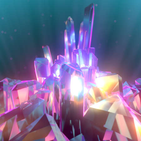 3d rendering digital illustration with multi colored shiny crystals. Light particles is reflected in gem. Beautiful luxury abstract background with a depth of fieldの写真素材
