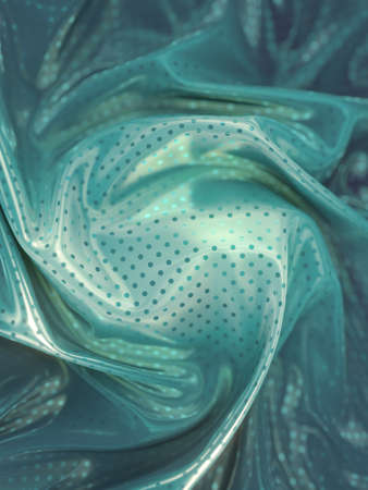 Psychedelic close up illustration of green colored crumpled silk cloth with polka dot geometric...