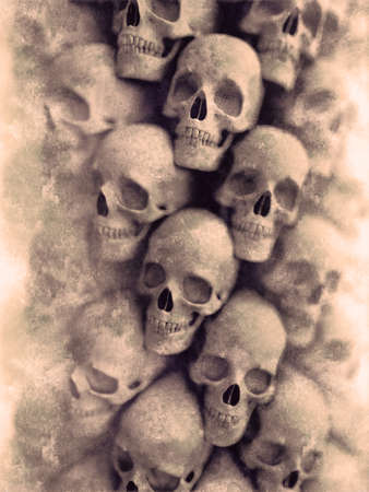 Wall of skulls on old shabby surface with depth of field effect. Modern abstract background. Futuristic 3d rendering digital illustrationの写真素材