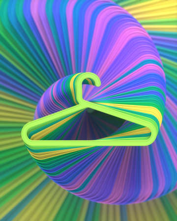 Endless twisted spiral made of multi-colored plastic hangers. Trendy abstract advertising with lots of colors. Minimal art style geometric background. Creative design 3d rendering digital illustrationの写真素材