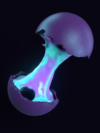 Abstract digital illustration of splitting a stone sphere on a dark background, glued together with neon colored chewing gum. Modern 3d rendering design templateの写真素材